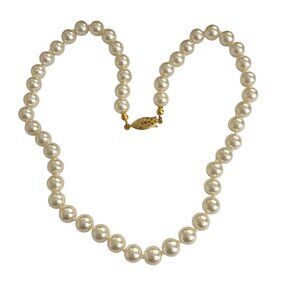 Vintage White Glass Pearl Necklace 18" 8mm Hand Knotted Princess Length Clasp
